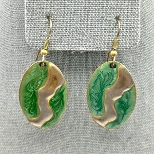 Vintage Metal Green and Silver Swirl Oval Dangle Lightweight Pierced Earrings